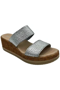 Bzees Resort Washable Slide Sandals Silver Raffia Fabric - Picture 1 of 3