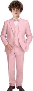 3 Piece Boys Linen Suit Slim Fit Summer Beach Wedding Formal Suits  Kids Tuxedo - Picture 1 of 30
