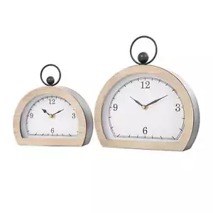 DecMode 10" White Wooden Semicircle Clock with Brown Wooden Frame Ring Handle - Picture 1 of 10