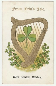 Vintage Postcard St. Patrick's Day Gold Harp Shamrocks From Erin's Isle - Picture 1 of 2