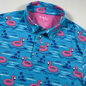 Birdie Bound Polo Shirt Men's Medium Blue Golf Flamingo AOP Summer Party - Picture 1 of 5