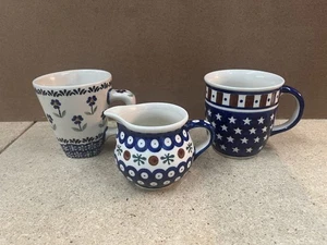 3 Piece Lot Handmade Polish Coffee Mug Creamer Cup Boleslawiec Poland Pottery - Picture 1 of 9