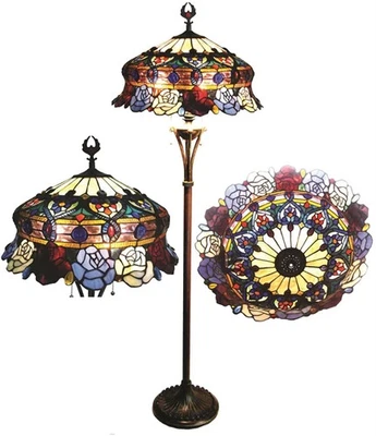 Floor Lamp Tiffany Style Stained Glass Rose Floral Flower Design Shade - Image 1 of 4