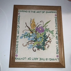 VTG Embroidery Stitchery Caring Is The Art Purple Blue Floral Oak Frame 13 X 16 - Picture 1 of 23