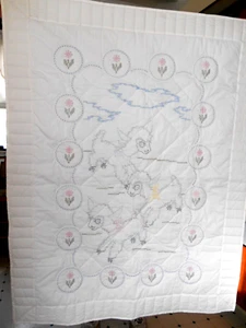 Hand Quilted & Cross Stitched Baby Throw Blanket Crib Quilt LAMBS & TULIPS 56" - Picture 1 of 9