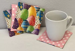 Ostern Getränk Untersetzer Wende Ei Tupfen Blume Rosa Weiß Blau 4er Set - Bild 1 von 5
