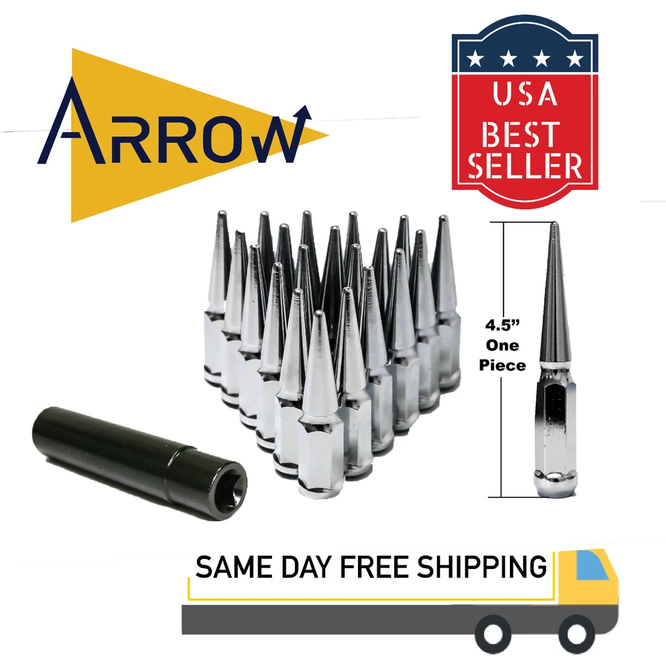 16x 4.5" Tall Chrome M12x1.5 Spike Lug Nuts and Key Fit Chevy Ford Mercury - Image 1 of 4