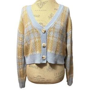 no boundaries cardigan size medium blue, cream, beige checkered - Picture 1 of 6