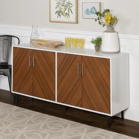 Mid-Century Modern Buffet Credenza Sideboard Side Table Console Teak Color 4Door Cover