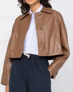$1,250 NWT VINCE SzL CROPPED LONG SLEEVE LAMB LEATHER JACKET FAWN - Picture 1 of 11
