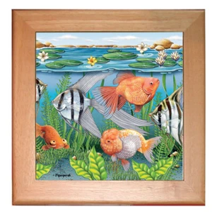 Goldfish and Angelfish Kitchen Ceramic Trivet Framed in Pine 8" x 8" - Picture 1 of 1