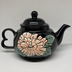 VTG Shiny Black Teapot Handpainted Pink Peony COBALT Glaze Inside! 8x3.4” Handle - Picture 1 of 12
