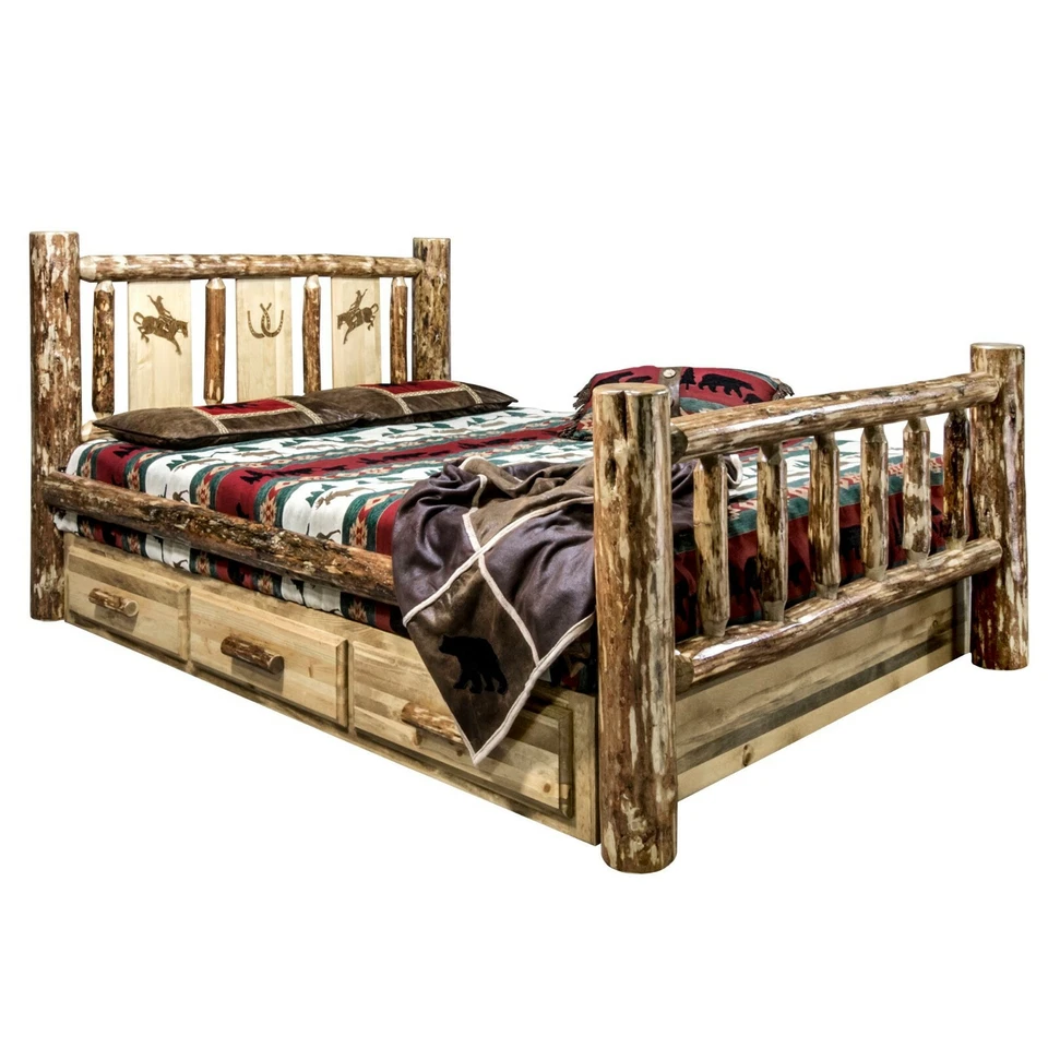 Log Storage Bed QUEEN with Drawers ETCHED Design  Rustic Unique Bear Deer Foto 1 de 1