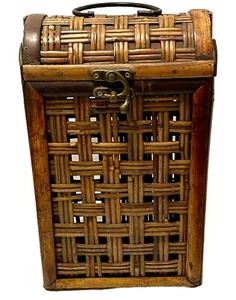 Vintage Decorative Bamboo 2 Bottle Wine Carrier W Hinge Lid And Handle 14x8 Inch - Picture 1 of 9