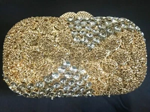 New Gold With Amber Crystal  Hard Shell  Clutch Bag - Picture 1 of 3