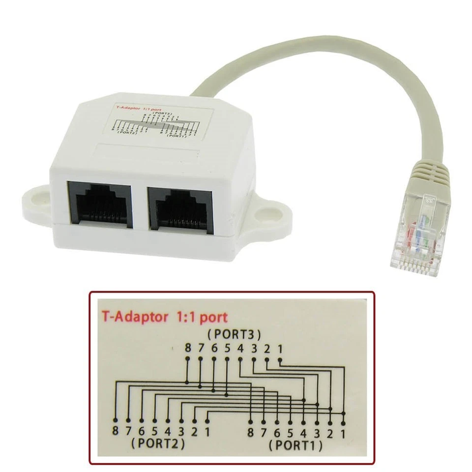 RJ45 Cat5e Mod Splitter Type 7 Computer Adapter 10 to 100 BaseT Male/2-Female - Image 1 of 2