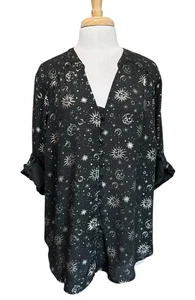 Top blusa TORRID 2 celesti sole luna stelle strega capriccio manica 3/4 2X - Foto 1 di 8