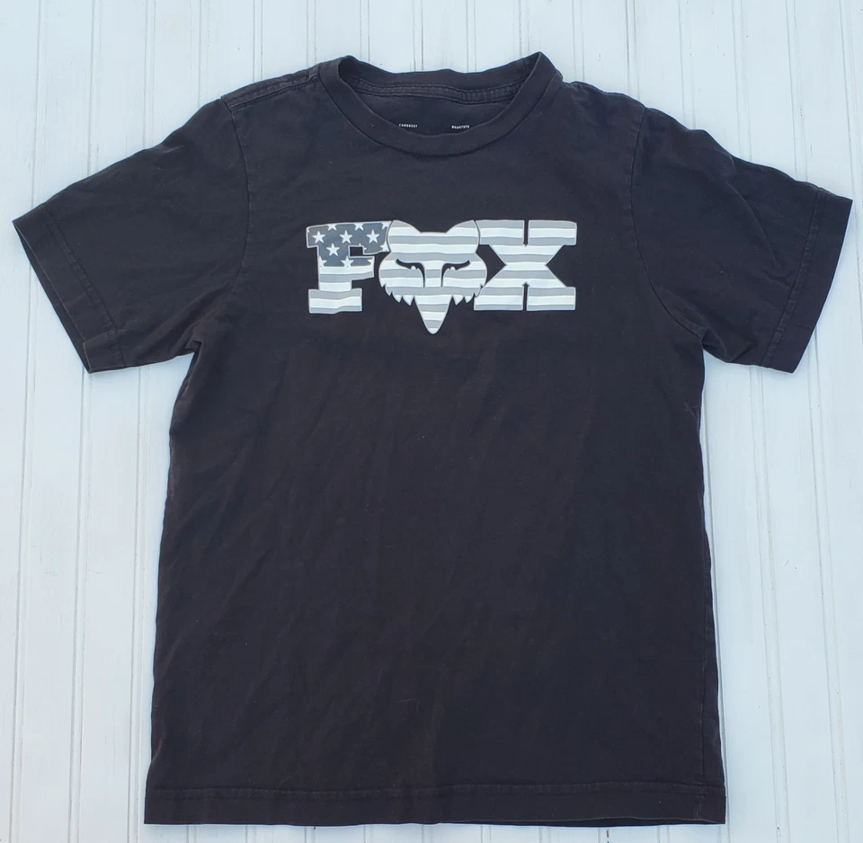 Fox Racing Shirt Youth Boys Medium Black Fox Logo USA Flag Gray And White - Image 1 of 4