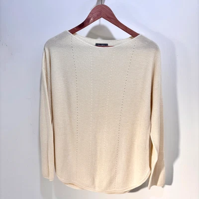 Neiman Marcus Womens Ivory Fine Knit Lightweight Sweater Curved Hem SZ Large - Image 1 of 4