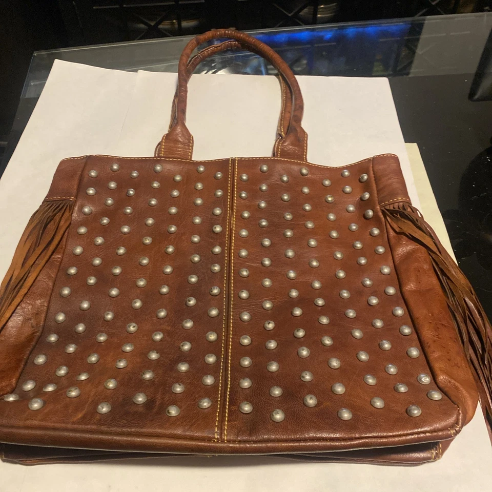 Brown Leather  Studded Tote With Fringe - Image 1 of 4