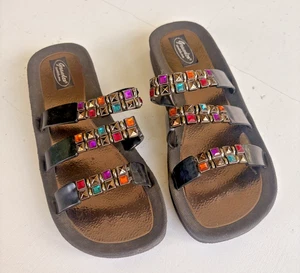 GRANDCO Stretch SANDALS Beach Pool Bling Color Jewel BLACK CLASSIC SLIDE Size 10 - Picture 1 of 9