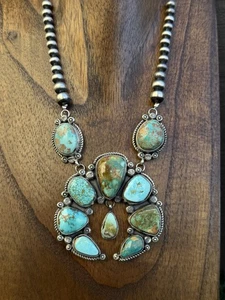 Navajo Sterling Silver Blue Green Royston Turquoise Lariat Pearls Naja Necklace - Picture 1 of 12