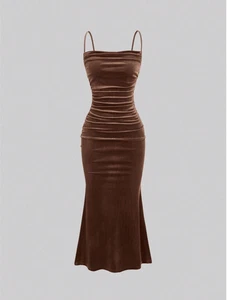 Brown MOD Solid Ruched Mermaid Hem Cami Dress Sz XS S M L - Picture 1 of 4