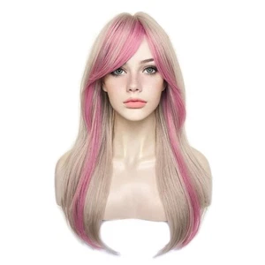 Womens Long Layered Blonde with Pink Highlight Wigs with Bangs Heat Resistant... - Picture 1 of 4