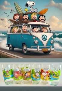 6 bicchieri vintage Charlie Brown Peanuts Camp Snoopy ~ bicchieri ~ McDonald's 1965-1971 - Foto 1 di 2