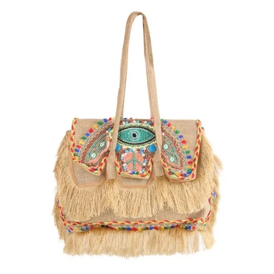 Bolsa de ombro Boho natural de juta bordada à mão com franjas e miçangas bolsa étnica - Imagem 1 de 4