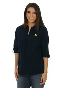 NWT Michigan Wolverines UG Apparel NCAA Women S Navy 3/4 Button Down Tunic Top - Picture 1 of 4