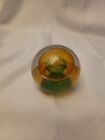 Vintage Signed Adam Jablonski Art Glass Paperweight Greens And Amber Cased Clear