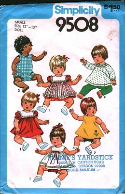 9508 Vintage Simplicity Patrón de Costura Años 70 Muñeca Ropa Pequeño 12-13" Vestido Fuera de Stock Foto 1 de 2