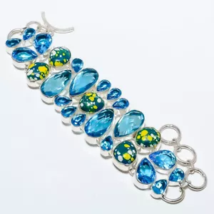 Blue Topaz Gemstone 925 Sterling Silver Ethnic Bracelet 7-7.99" TB7510-201 - Picture 1 of 1