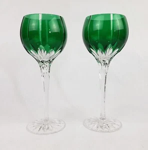 2 Ajka Hungarian Castille Albinka Emerald Green Cut to Clear Crystal Wine Glass - Picture 1 of 8