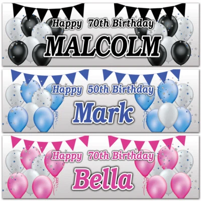 2 carteles personalizados de fiesta de cumpleaños con globos estrella Bunting niños adultos Foto 1 de 2