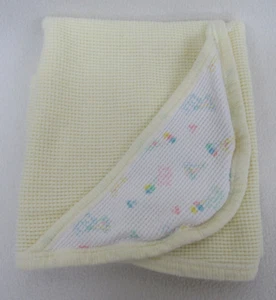 Vtg Morgan Cozy Baby Blanket Cotton Yellow Balloons Hooded Receiving - Picture 1 of 4