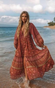 SPELL Womens Designer Boho Utopia Gown Duster Berry Size S Brand New RRP $349 - Picture 1 of 21