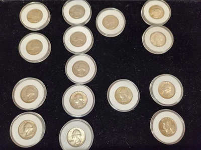 90% Silver Washington Quarters Lot of 15 Coins 1960 to 1964D Duplicates - Image 1 of 2