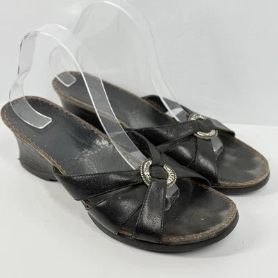 Ariat Black Leather Sandals 9.5 Western Cowgirl Wedge Etched Silver Ring - Image 1 of 4