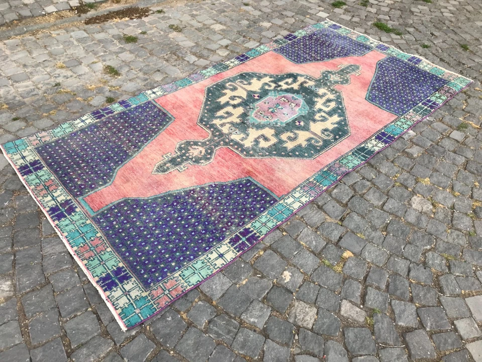 Bohemian Area Rug Handmade Wool Rug Turkish Vintage Traditional Rug 4,4 x 9,4 ft - Image 1 of 4