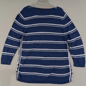 Talbots Linen Boatneck Sweater Sz L Navy Striped Pullover Knit Coastal - Picture 1 of 10