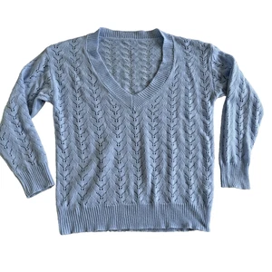 Hellblauer offener Strickpullover V-Ausschnitt gerippter Saum Acryl Oberteil - Größe Large - Bild 1 von 5