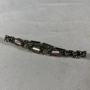 Vintage Silver Tone Pink Cat’s Eye & Rhinestone Bracelet 7” Floral Design - Picture 1 of 4