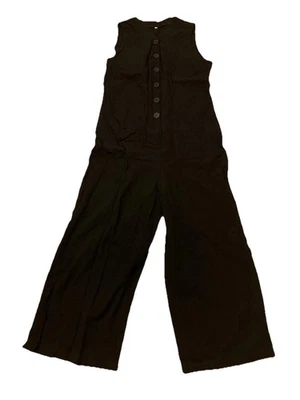 Black Jumpsuit Sleeveless V neck Button Front Pockets Youth Girl’s L Romper - Image 1 of 4