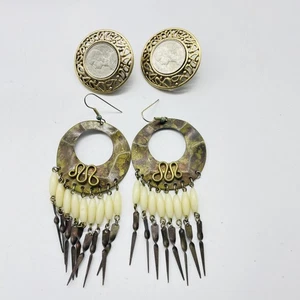 Gold Tone Earrings French Coin Clip On Filigree and Boho Dangle Spike Lot of 2 - Picture 1 of 9