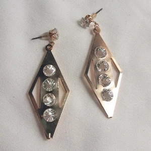 Gold & Crystal Diamond Shaped Dangle Earrings - Picture 1 of 6