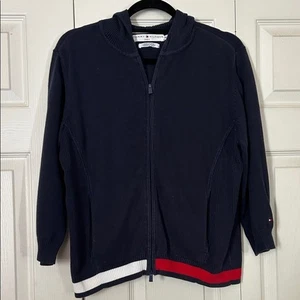 Suéter TOMMY HILFIGER Vintage X-Large Azul Marino Cremallera Capucha Acanalado Acentos - Imagen 1 de 8