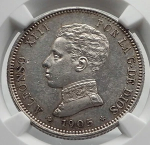 1905 SPAIN Spanish King ALFONSO XIII Genuine Silver 2 Pesetas Coin NGC i79895 - Picture 1 of 5