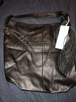 NWT Madison West Black Leather Handbag Large Purse Tote With Fringe & Chains - Image 1 of 4